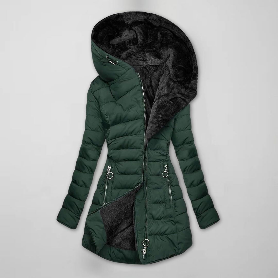 Women's Quilted Winter Jacket with Hood - Warm, Windproof, Long Design
