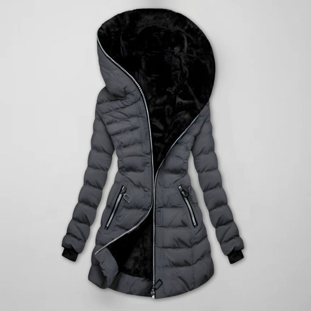 Women's Quilted Winter Jacket with Hood - Warm, Windproof, Long Design