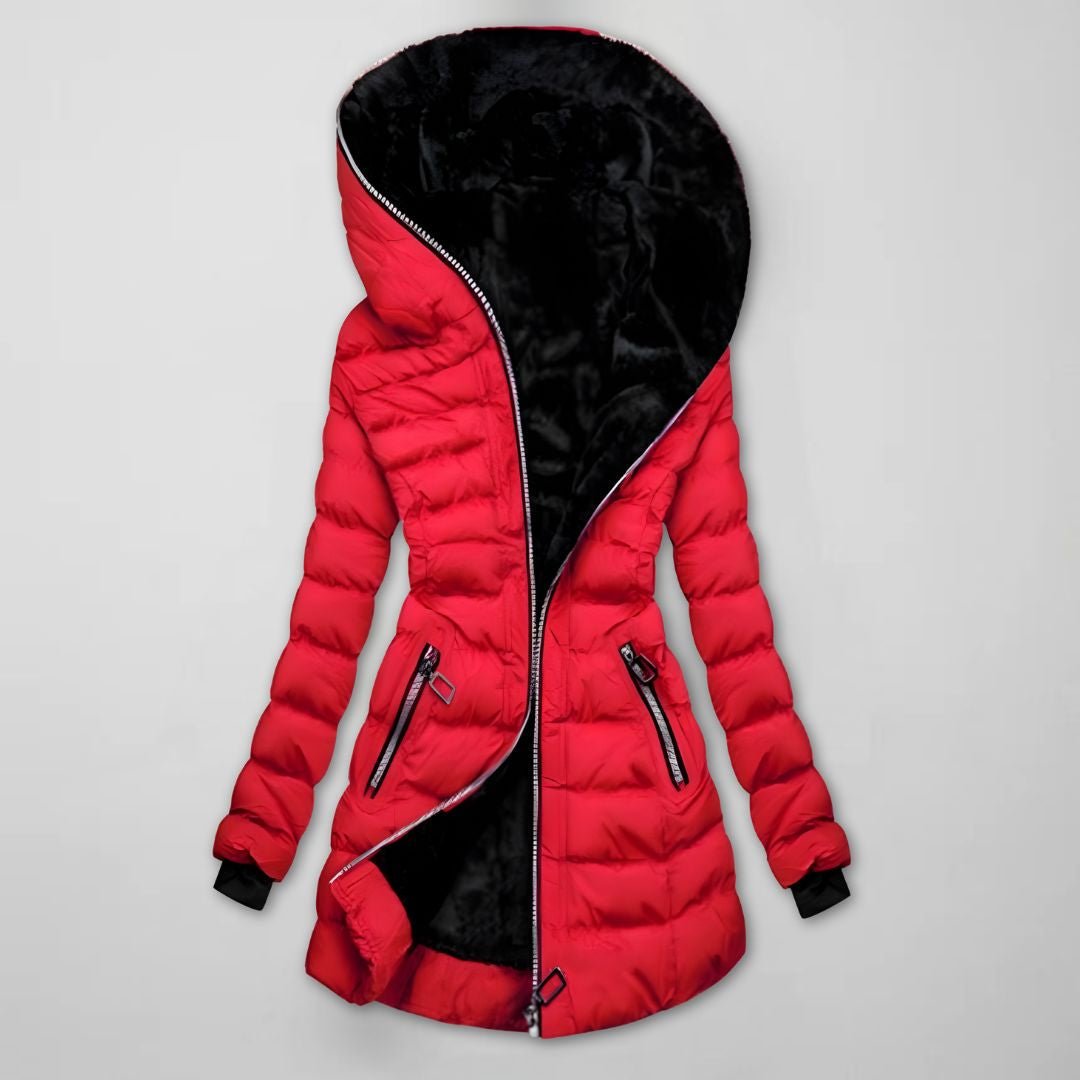 Women's Quilted Winter Jacket with Hood - Warm, Windproof, Long Design