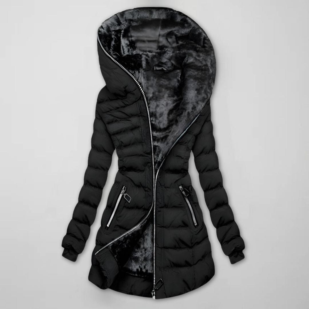Women's Quilted Winter Jacket with Hood - Warm, Windproof, Long Design