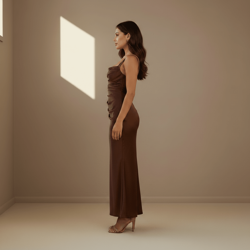 Brown ruched satin dress