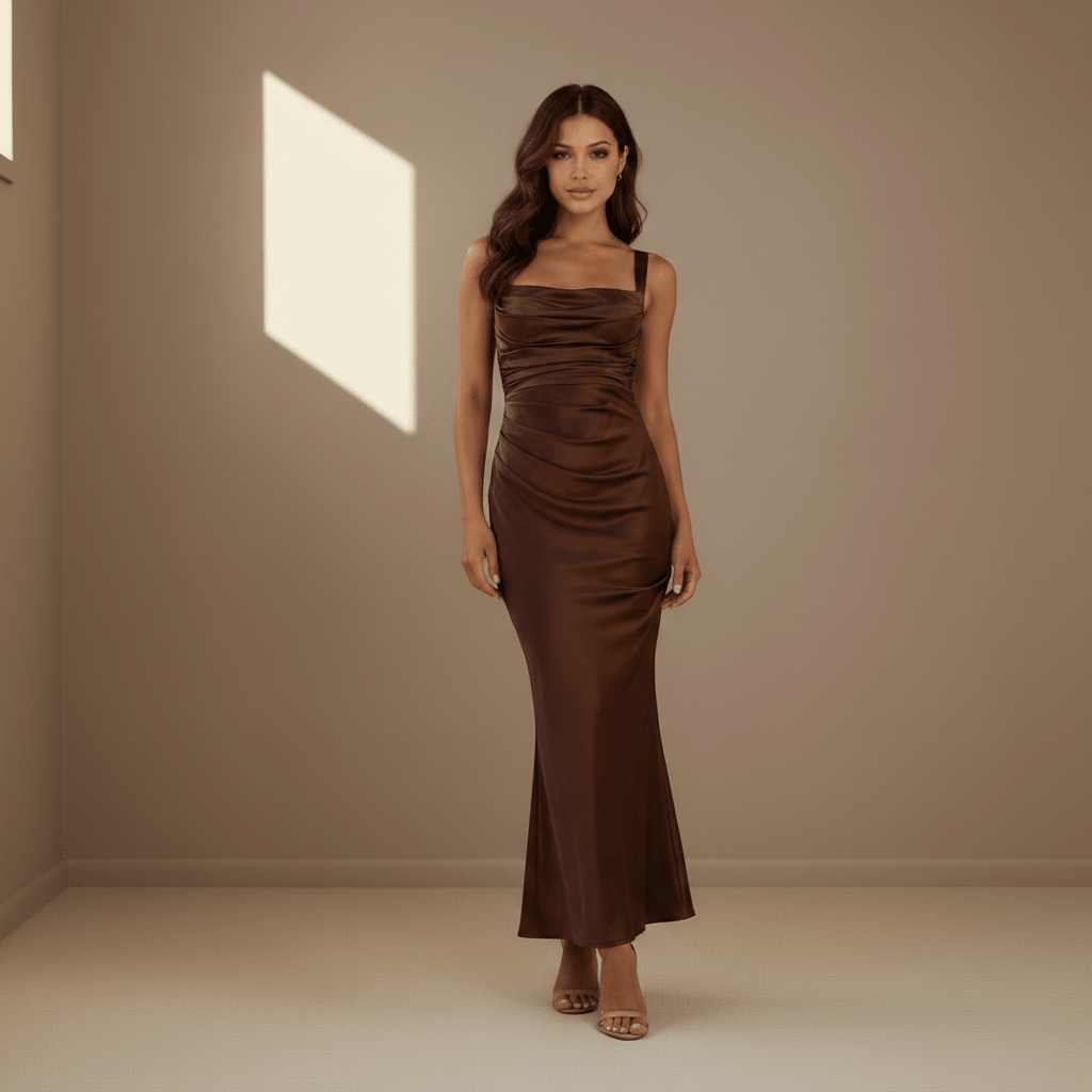Brown ruched satin dress