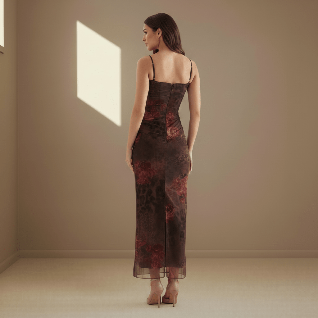 Burgundy floral satin dress