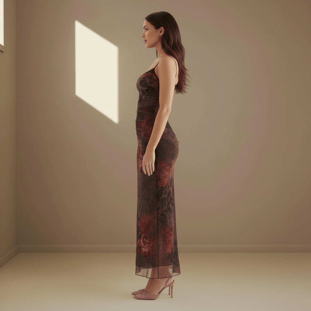 Burgundy floral satin dress