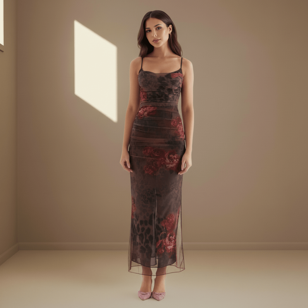 Burgundy floral satin dress