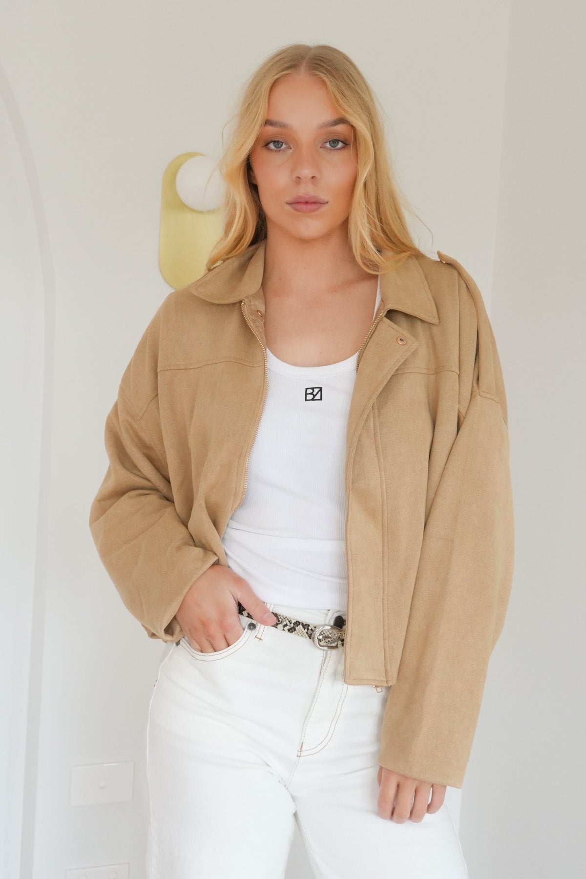 Beige Suede Bomber Jacket – Casual Wear, Stylish Layering - Satinni