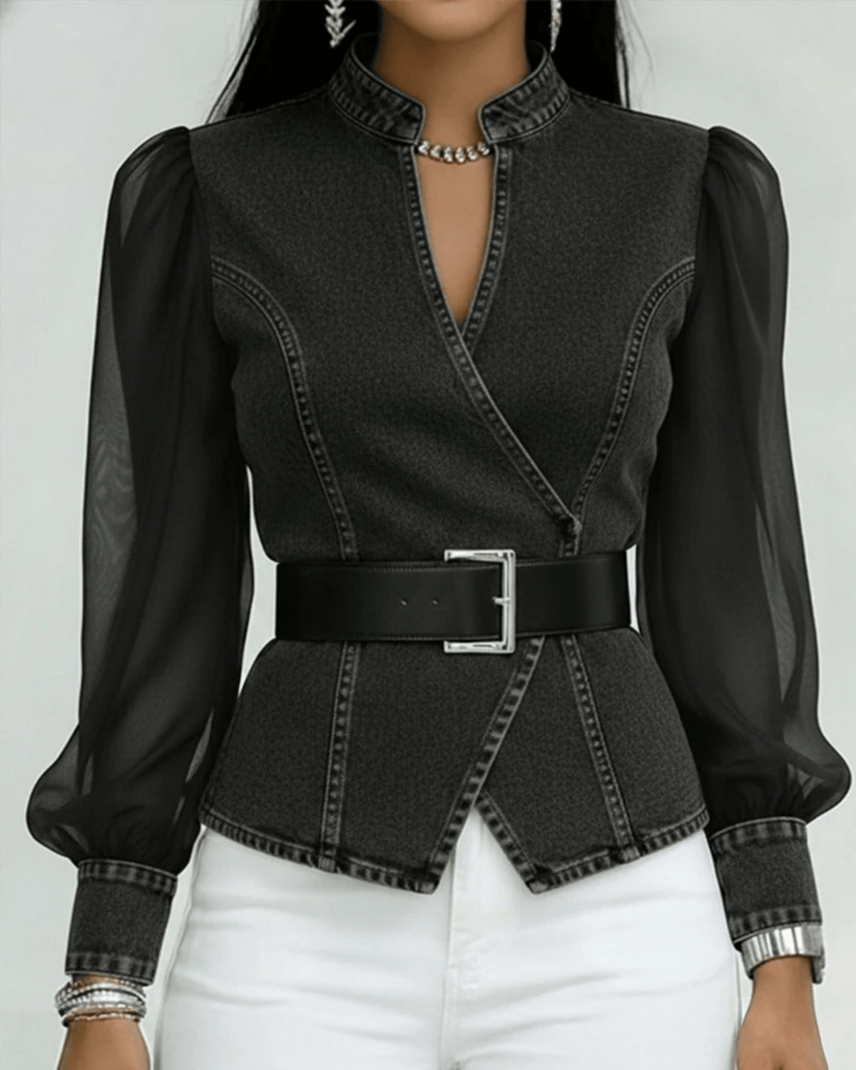 Belted Sheer-Sleeve Peplum Top for Women - Elegant Casual Blouse - Satinnis