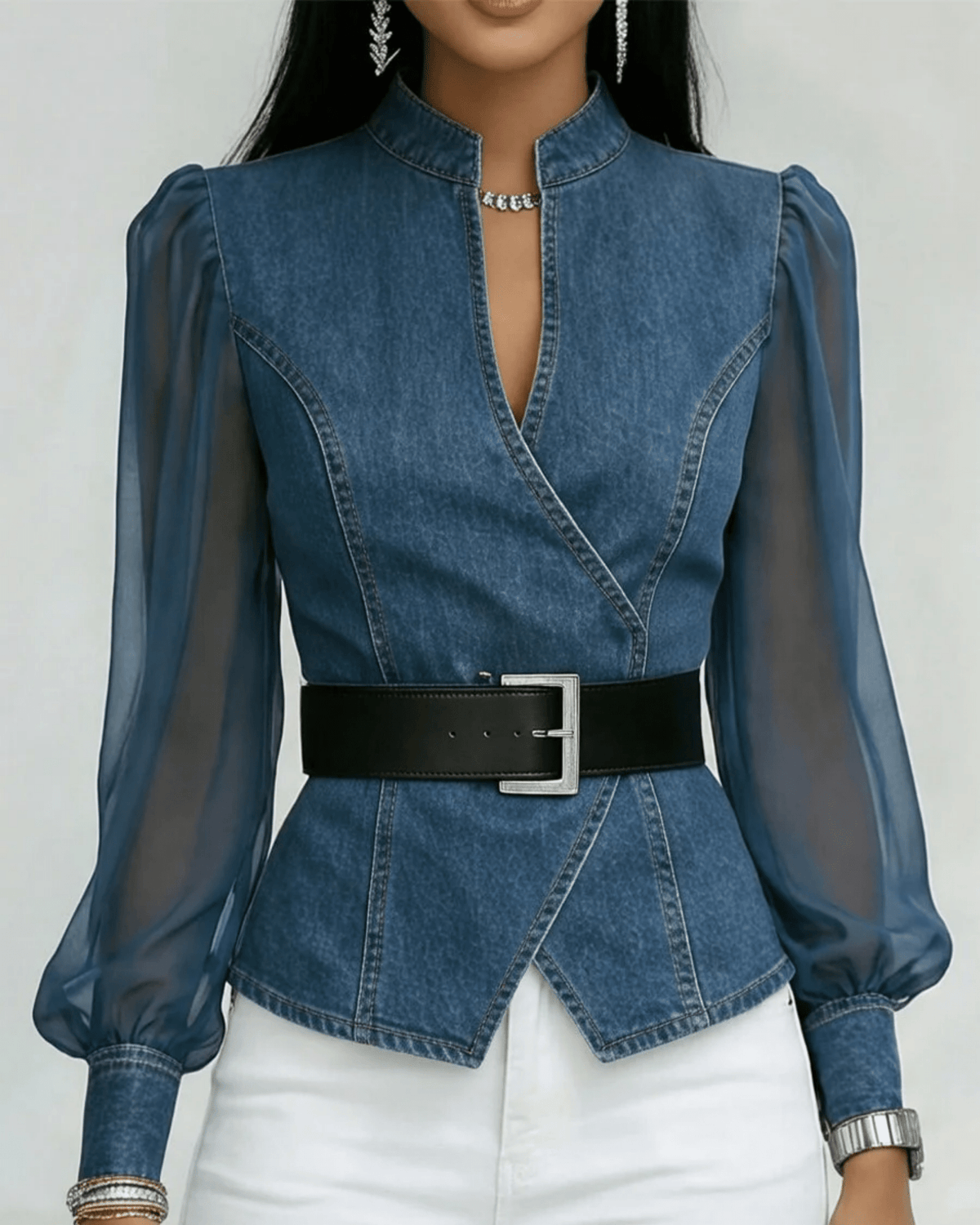 Belted Sheer-Sleeve Peplum Top for Women - Elegant Casual Blouse - Satinnis