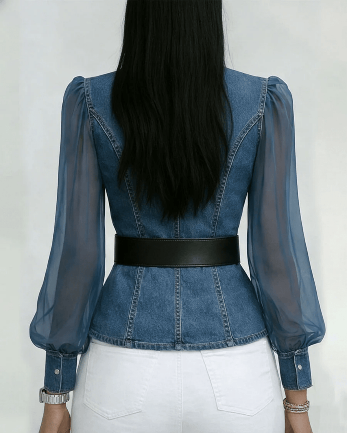 Belted Sheer-Sleeve Peplum Top for Women - Elegant Casual Blouse - Satinnis