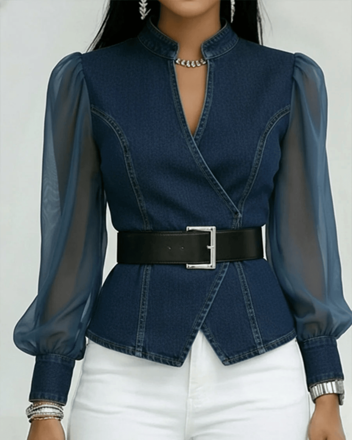 Belted Sheer-Sleeve Peplum Top for Women - Elegant Casual Blouse - Satinnis