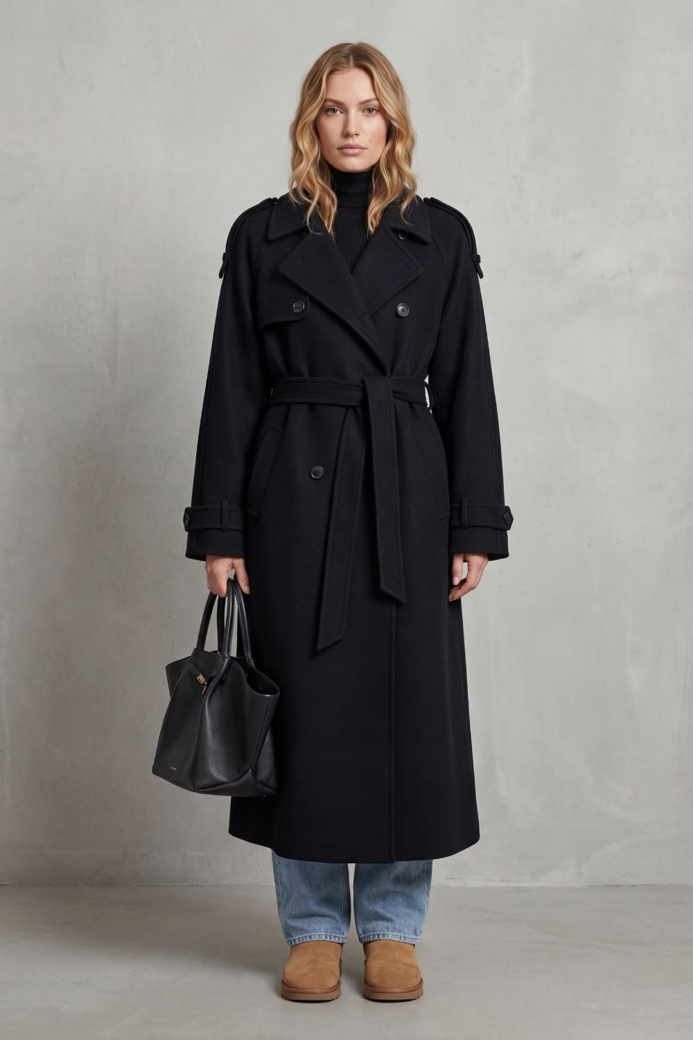 Black Oversized Long Trench Coat for Women with Belted Waist Design - Satinni