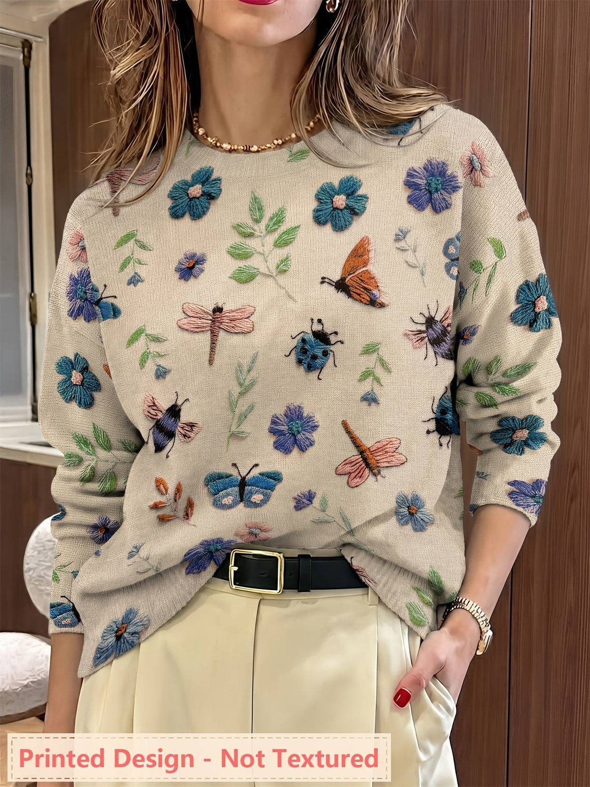 Botanical Print Crewneck Sweater | Soft Knit Fabric | Women's Casual Wear - Satinni