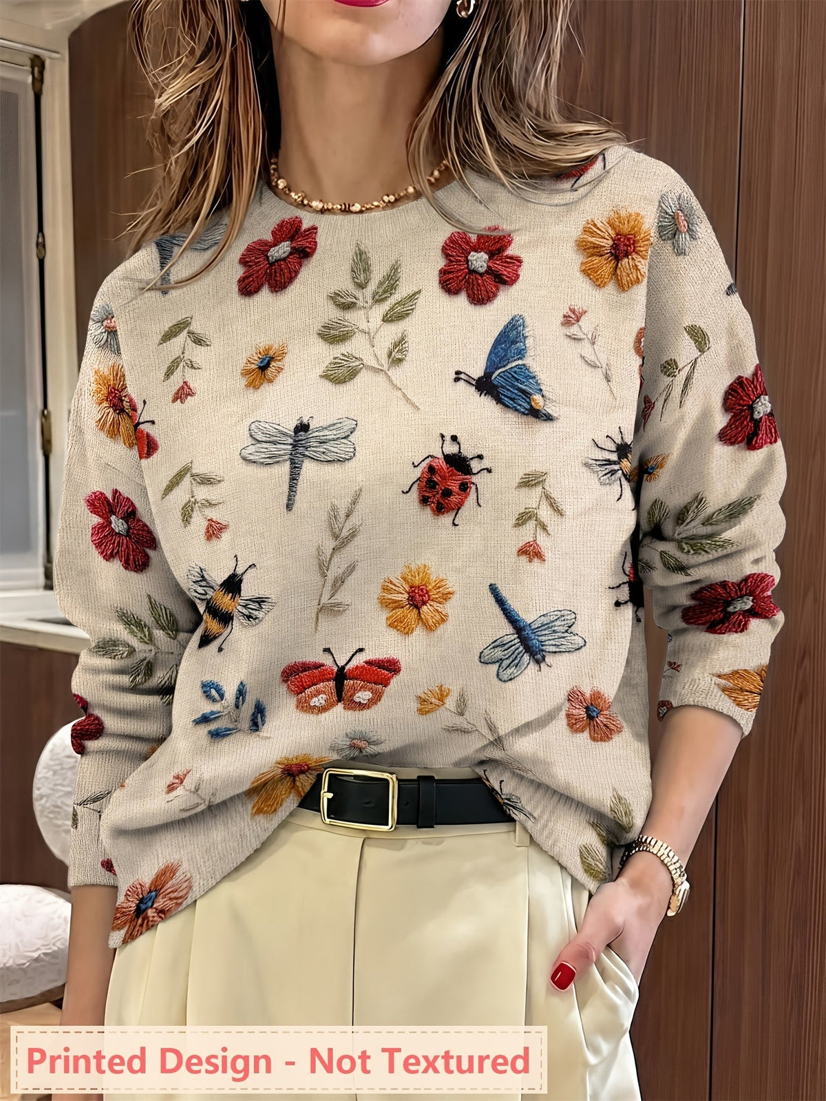 Botanical Print Crewneck Sweater | Soft Knit Fabric | Women's Casual Wear - Satinni