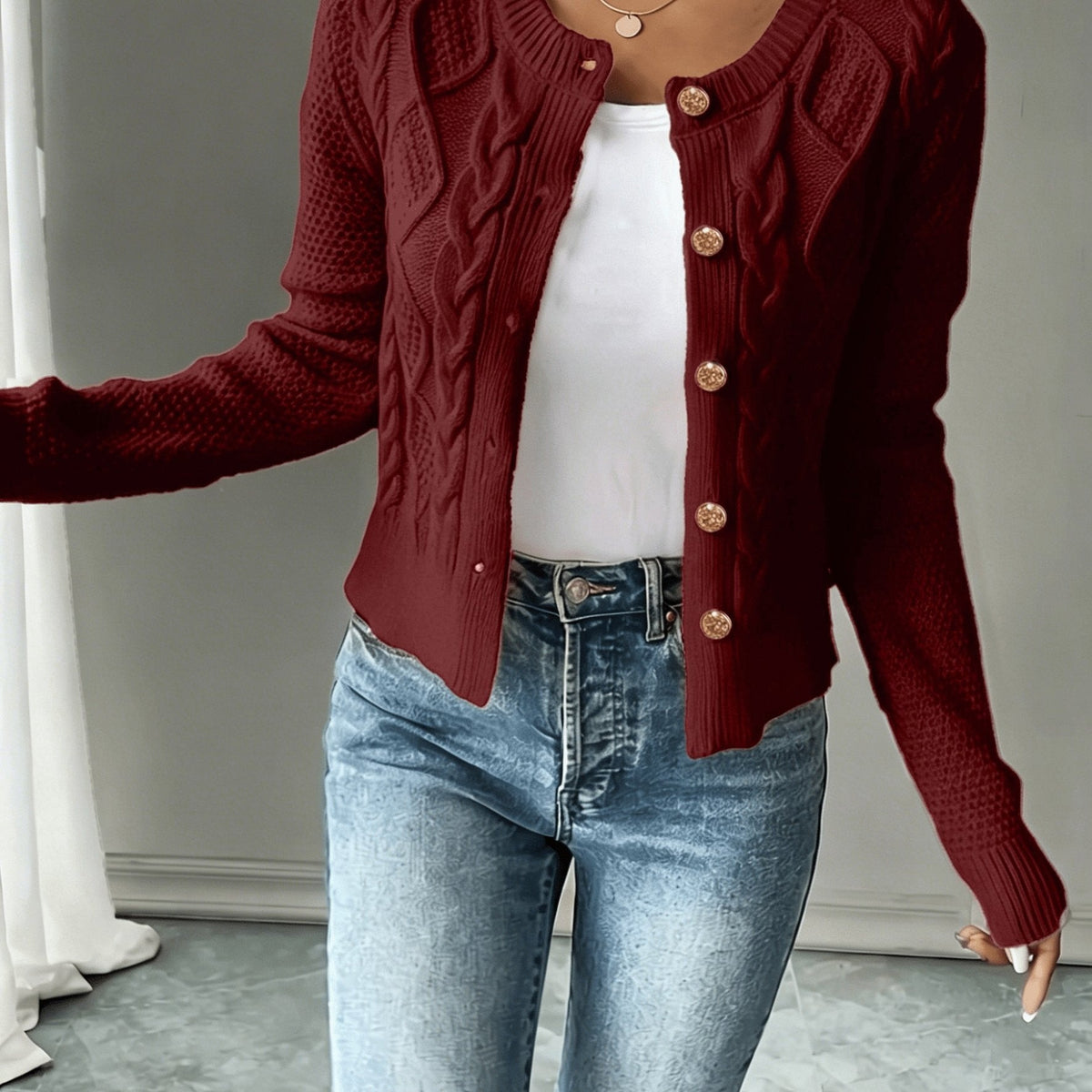 Cable-Knit Button-Front Cardigan for Women - Cozy Knitwear for Casual Wear - Satinnis