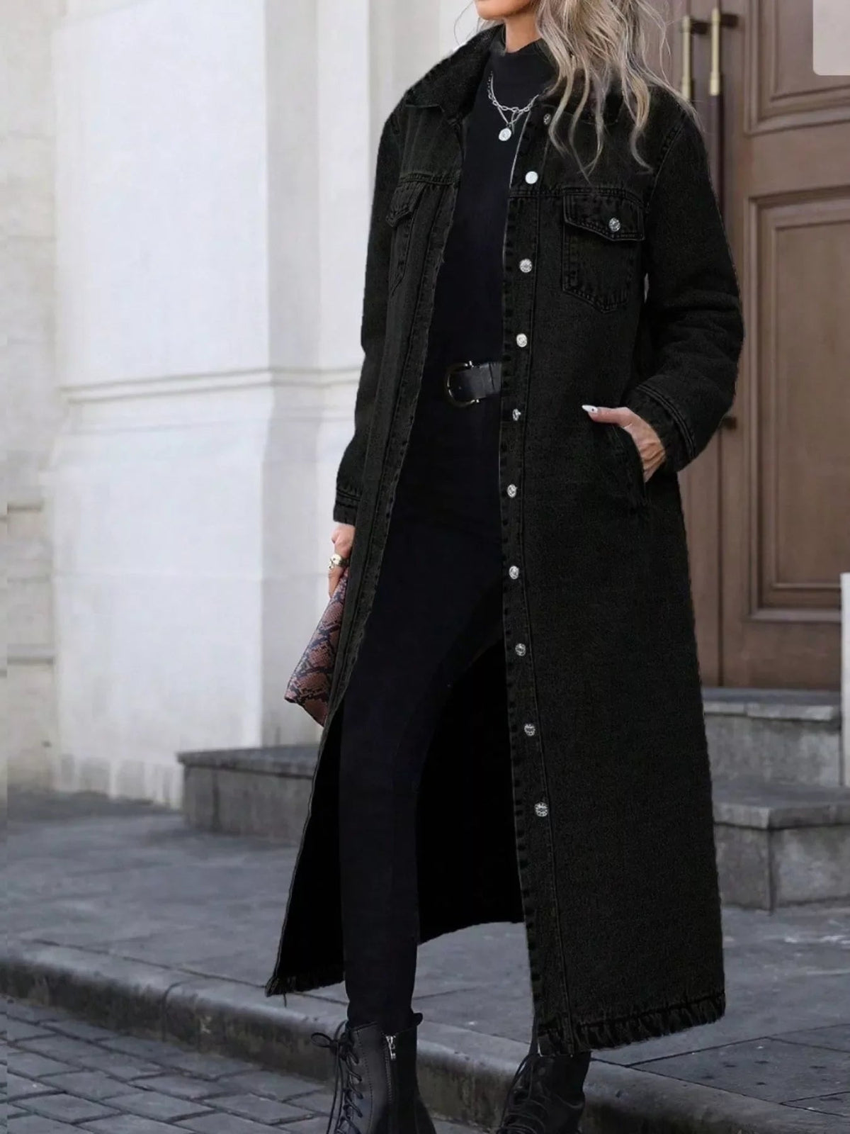 Denim Longline Jacket with Button Front for Casual Everyday Wear - Satinni