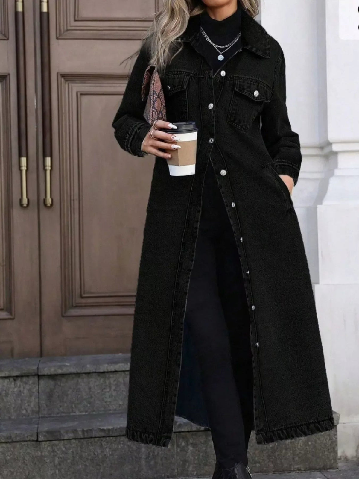 Denim Longline Jacket with Button Front for Casual Everyday Wear - Satinni