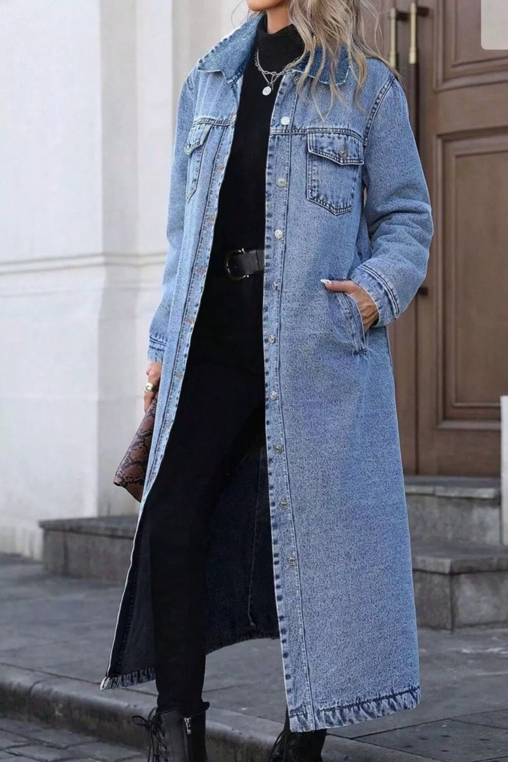 Denim Longline Jacket with Button Front for Casual Everyday Wear - Satinni