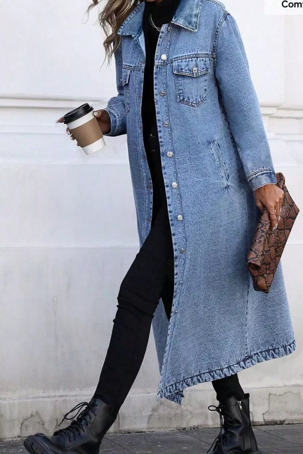 Denim Longline Jacket with Button Front for Casual Everyday Wear - Satinni