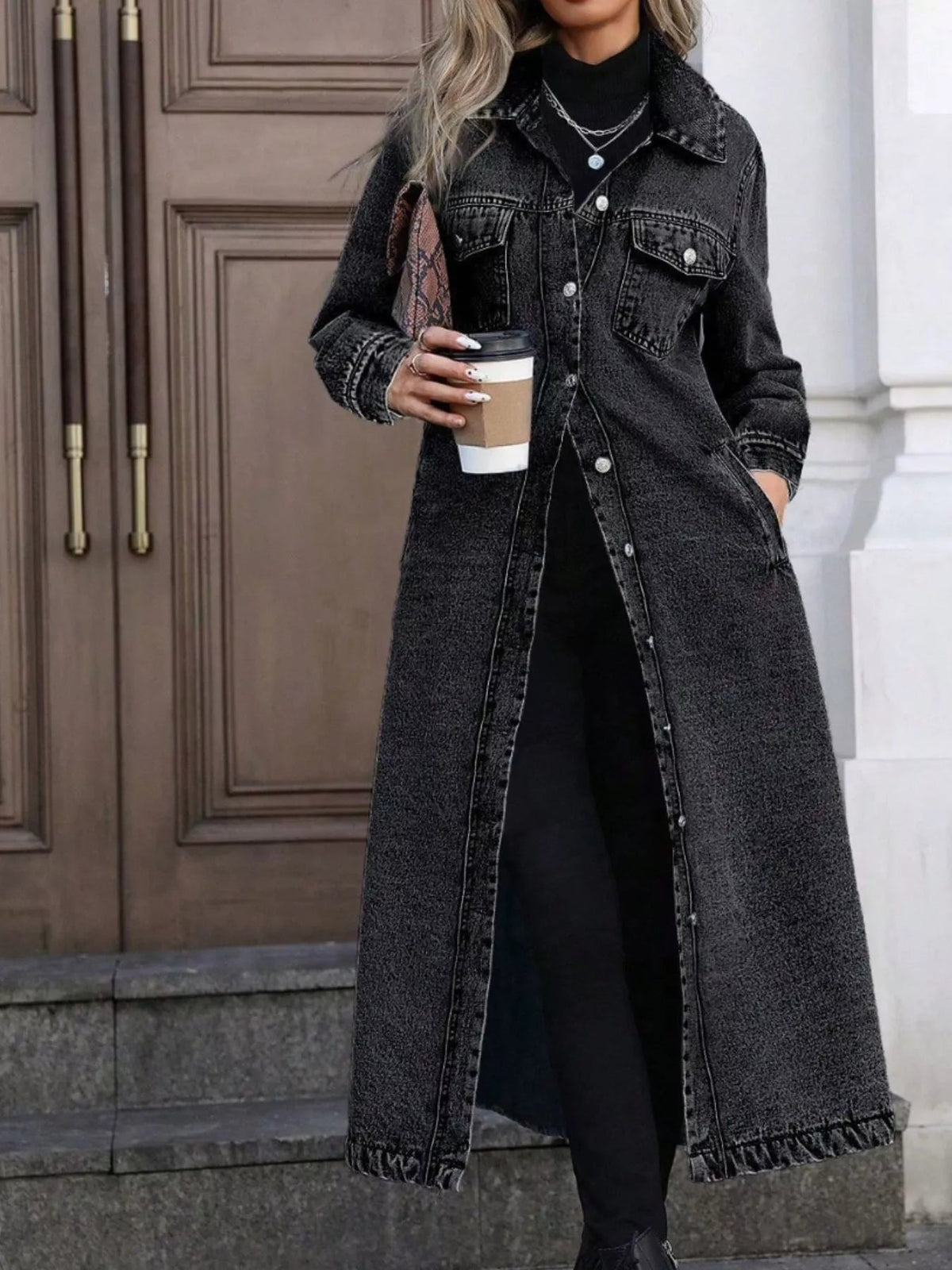 Denim Longline Jacket with Button Front for Casual Everyday Wear - Satinni