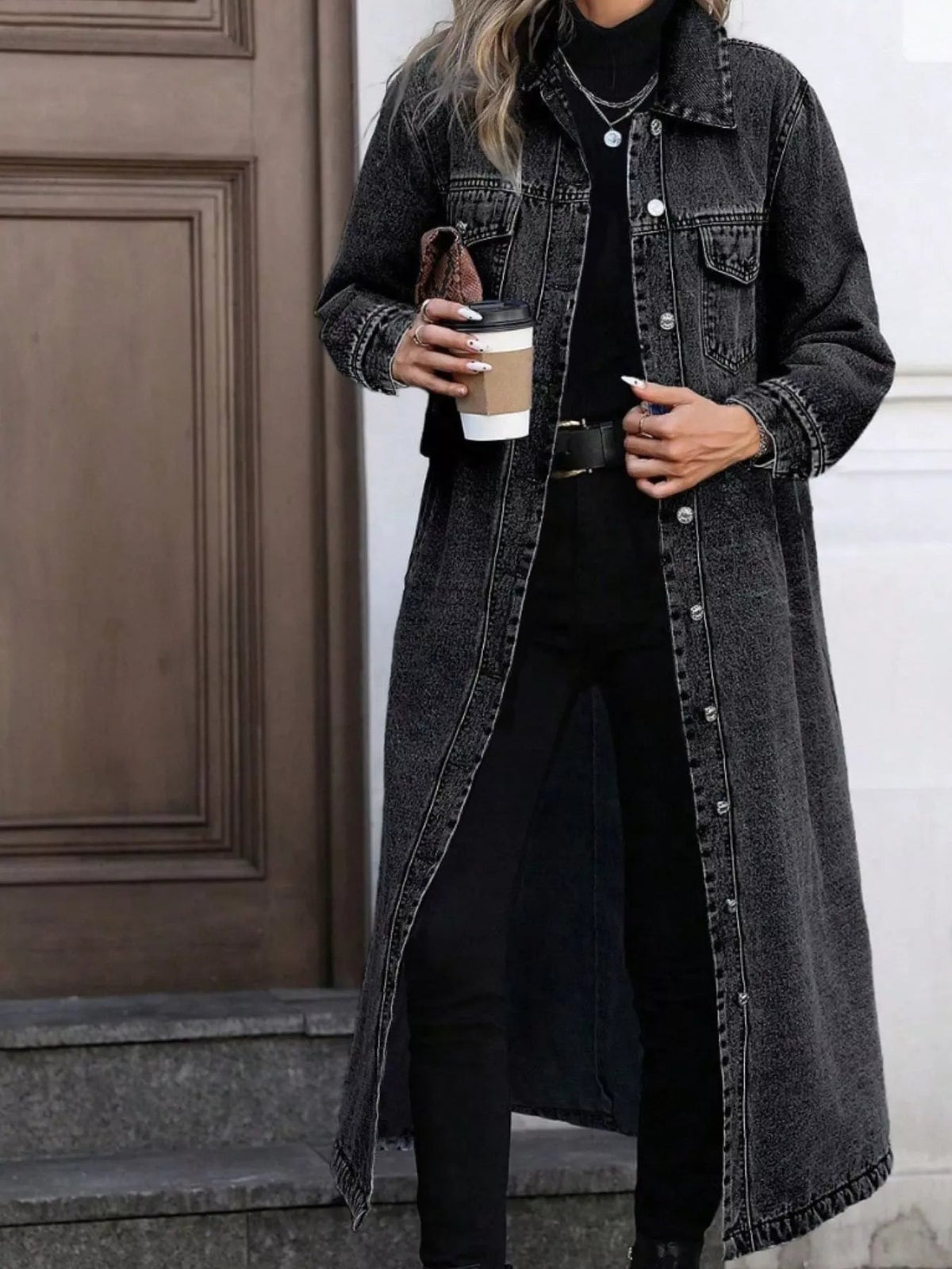 Denim Longline Jacket with Button Front for Casual Everyday Wear - Satinni