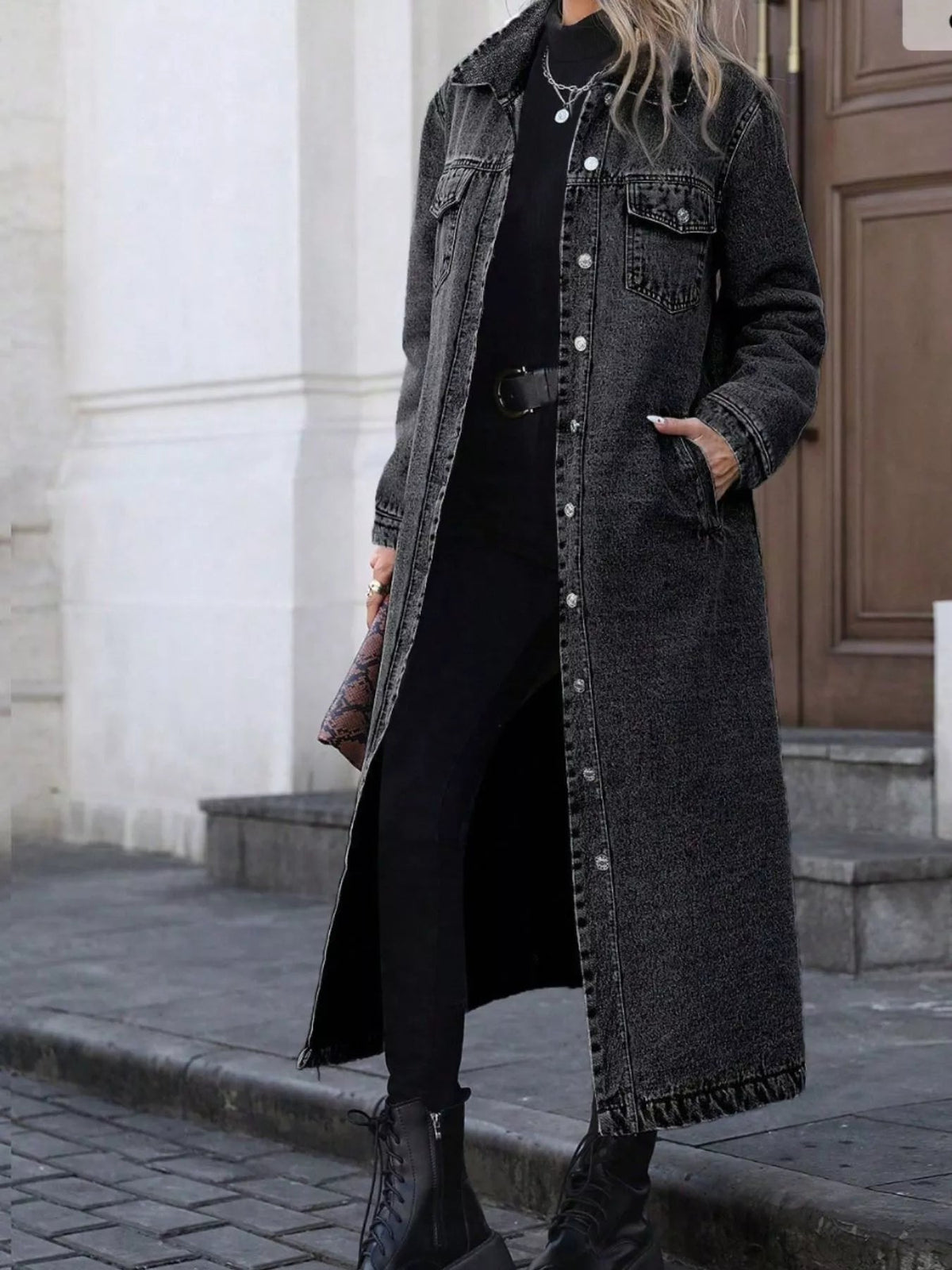 Denim Longline Jacket with Button Front for Casual Everyday Wear - Satinni