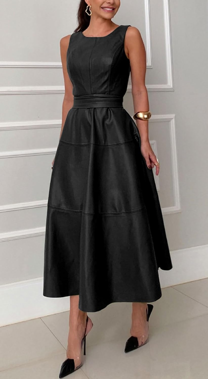 Elegant Flowing Long Dress Made of PU Faux Leather for Women with Belt – Party, Night Out - Satinni