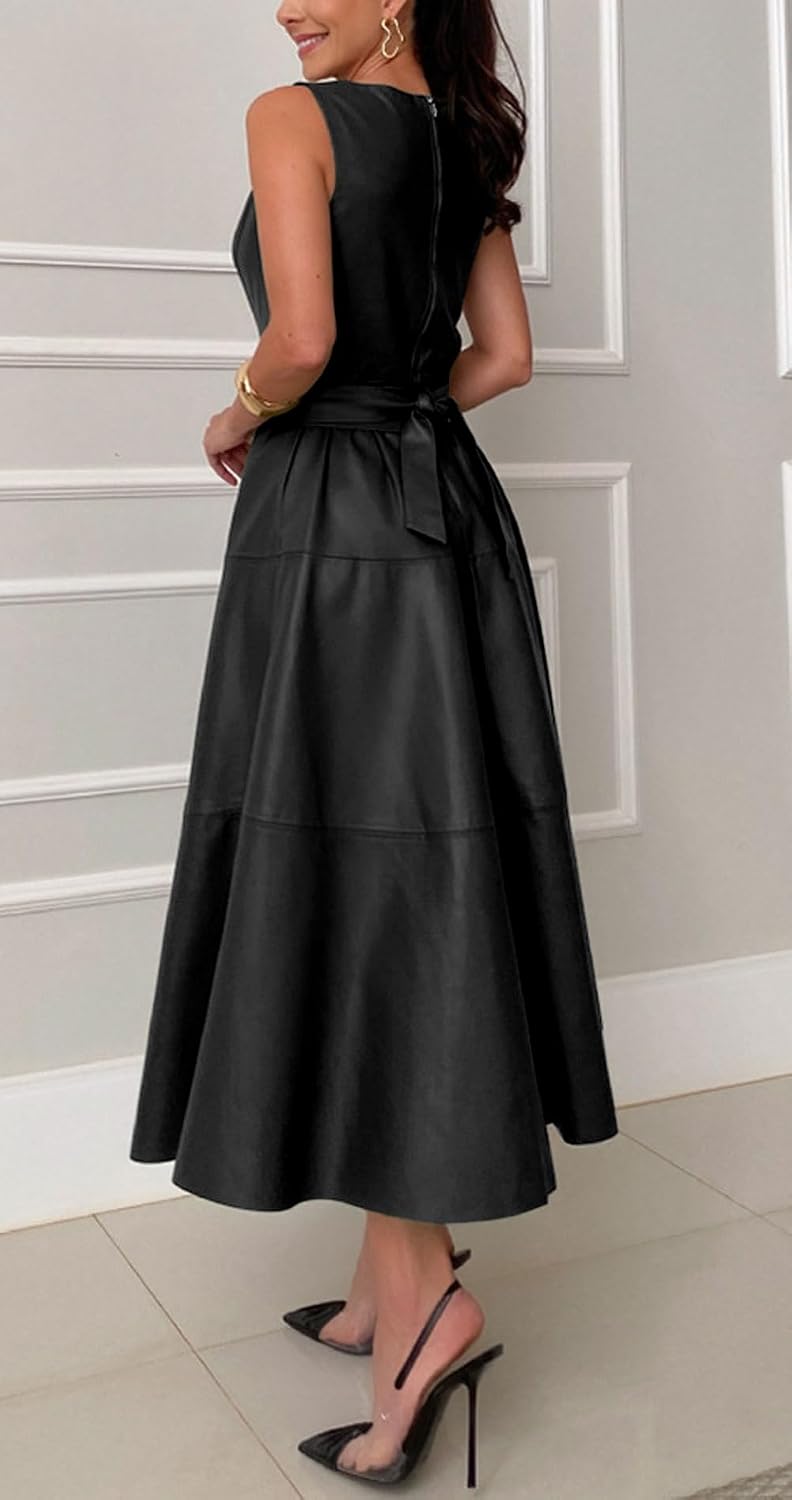 Elegant Flowing Long Dress Made of PU Faux Leather for Women with Belt – Party, Night Out - Satinni