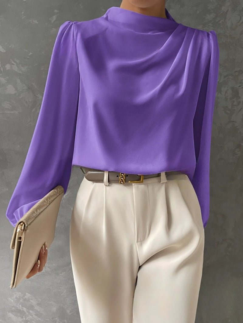 Elegant Long-Sleeve Draped Blouse for Women - Versatile Fashion Top - Satinni