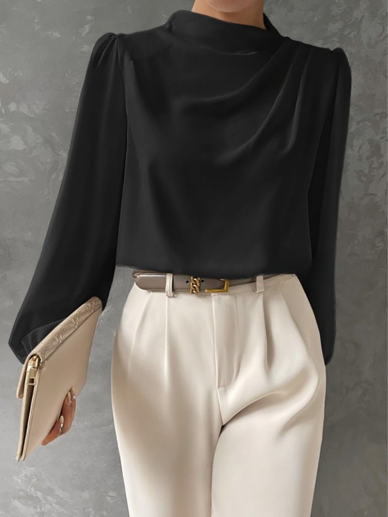 Elegant Long-Sleeve Draped Blouse for Women - Versatile Fashion Top - Satinni