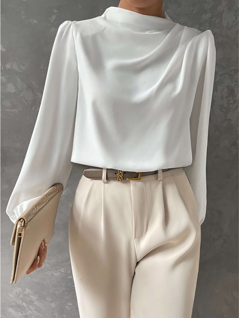 Elegant Long-Sleeve Draped Blouse for Women - Versatile Fashion Top - Satinni