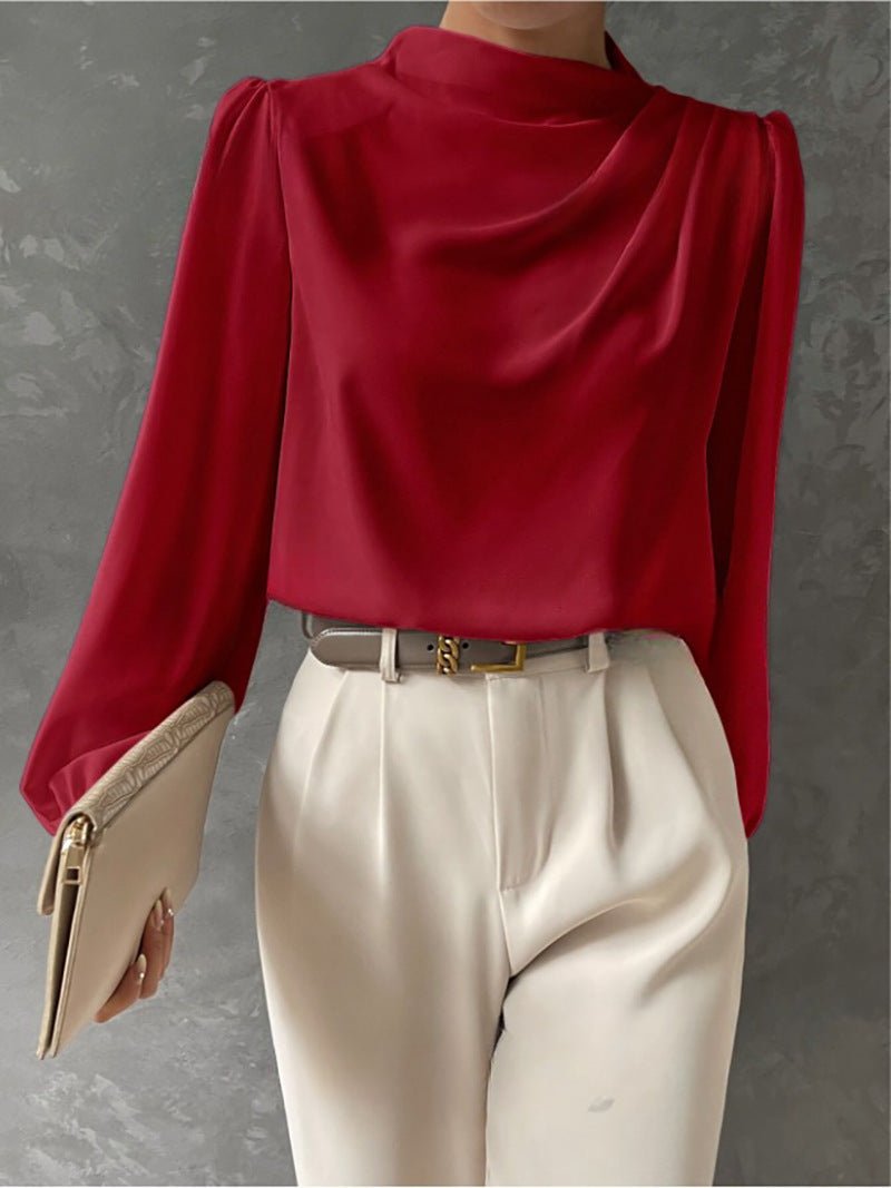 Elegant Long-Sleeve Draped Blouse for Women - Versatile Fashion Top - Satinni