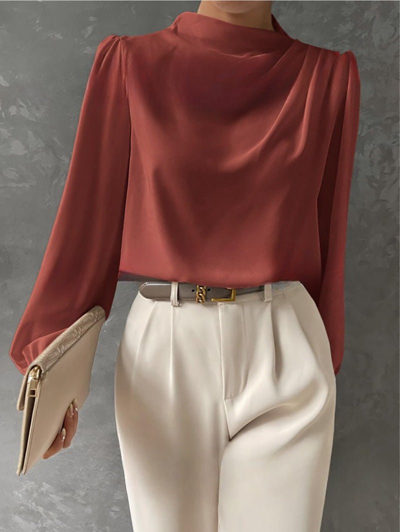 Elegant Long-Sleeve Draped Blouse for Women - Versatile Fashion Top - Satinni