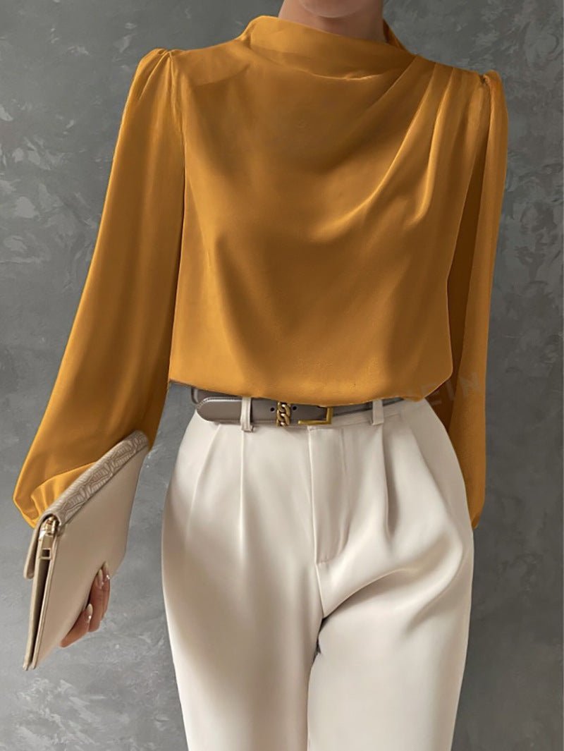 Elegant Long-Sleeve Draped Blouse for Women - Versatile Fashion Top - Satinni