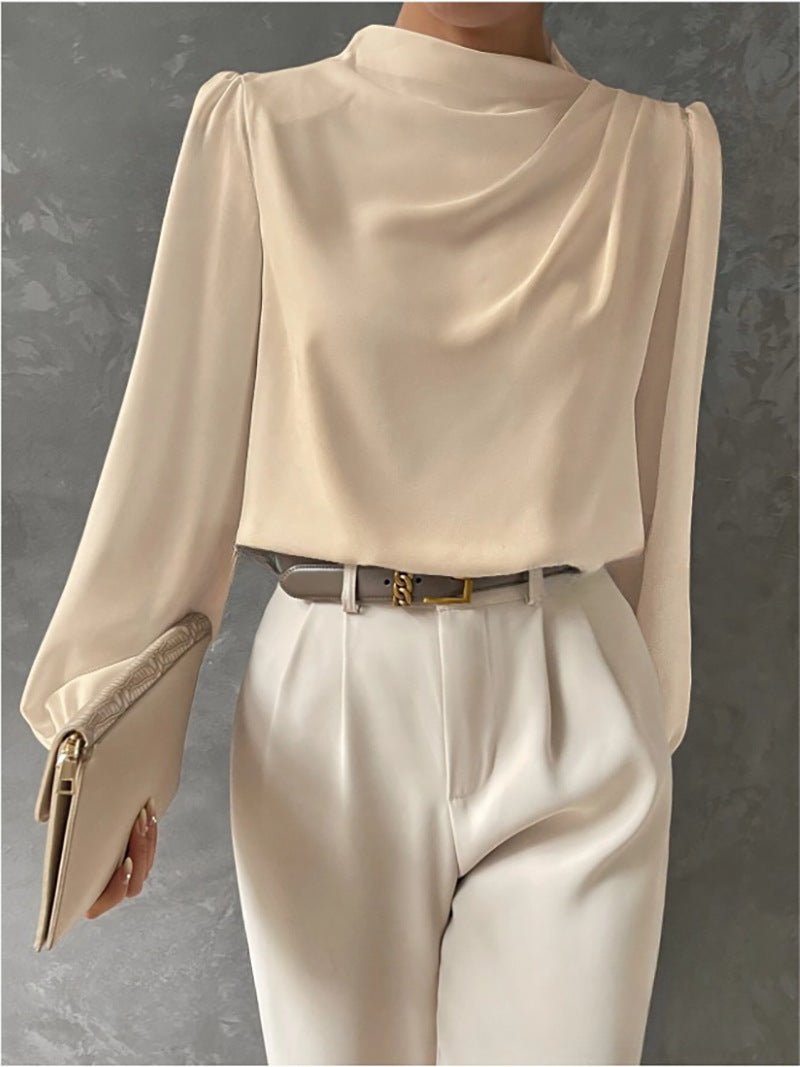 Elegant Long-Sleeve Draped Blouse for Women - Versatile Fashion Top - Satinni