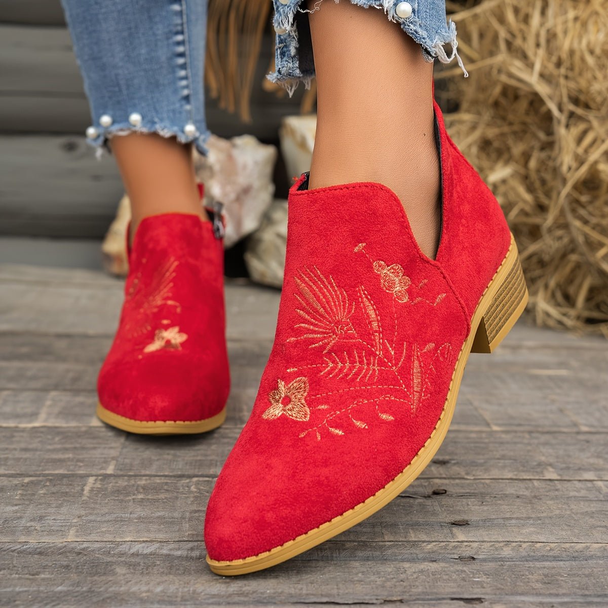 Embroidered Low-Heel Ankle Boots for Women - Stylish Casual Footwear - Satinni