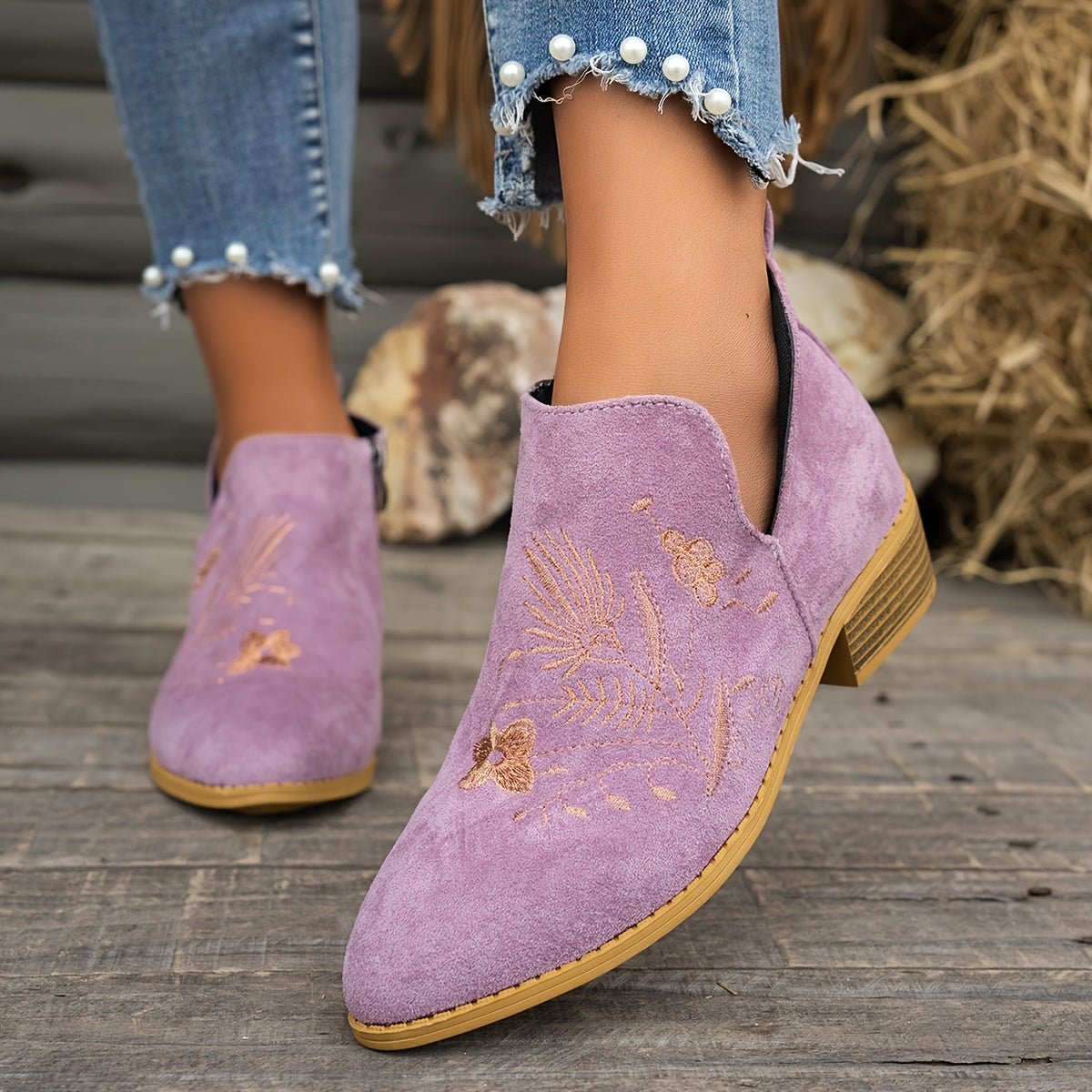 Embroidered Low-Heel Ankle Boots for Women - Stylish Casual Footwear - Satinni