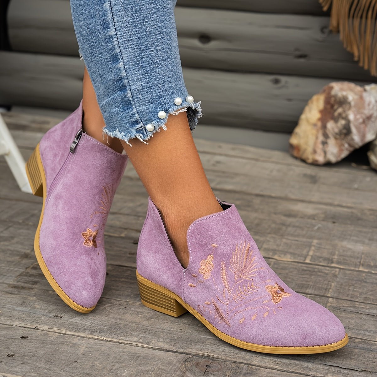 Embroidered Low-Heel Ankle Boots for Women - Stylish Casual Footwear - Satinni
