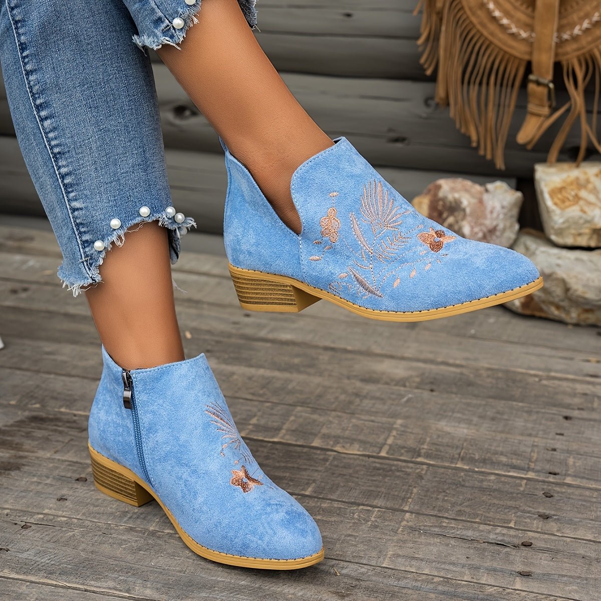 Embroidered Low-Heel Ankle Boots for Women - Stylish Casual Footwear - Satinni