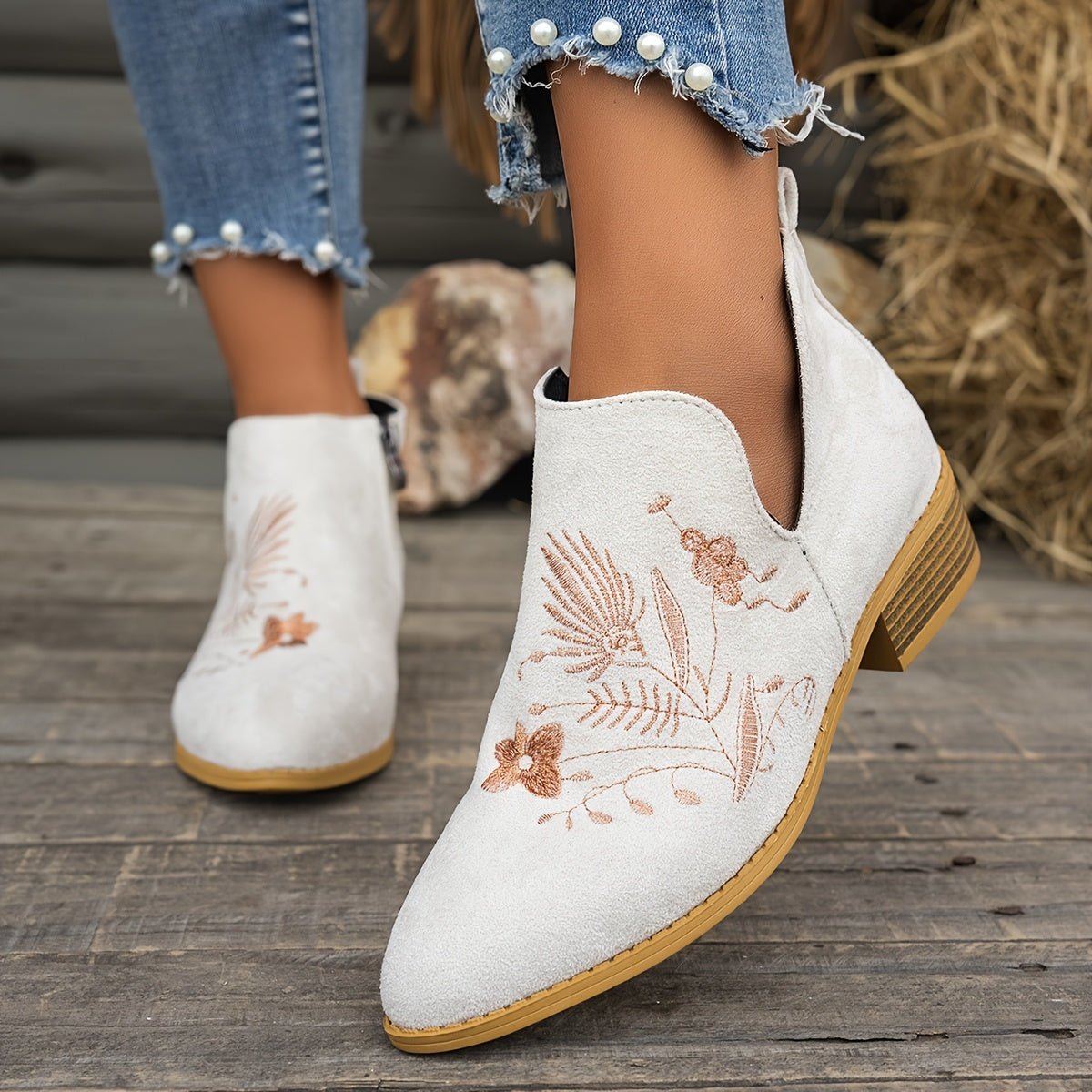 Embroidered Low-Heel Ankle Boots for Women - Stylish Casual Footwear - Satinni