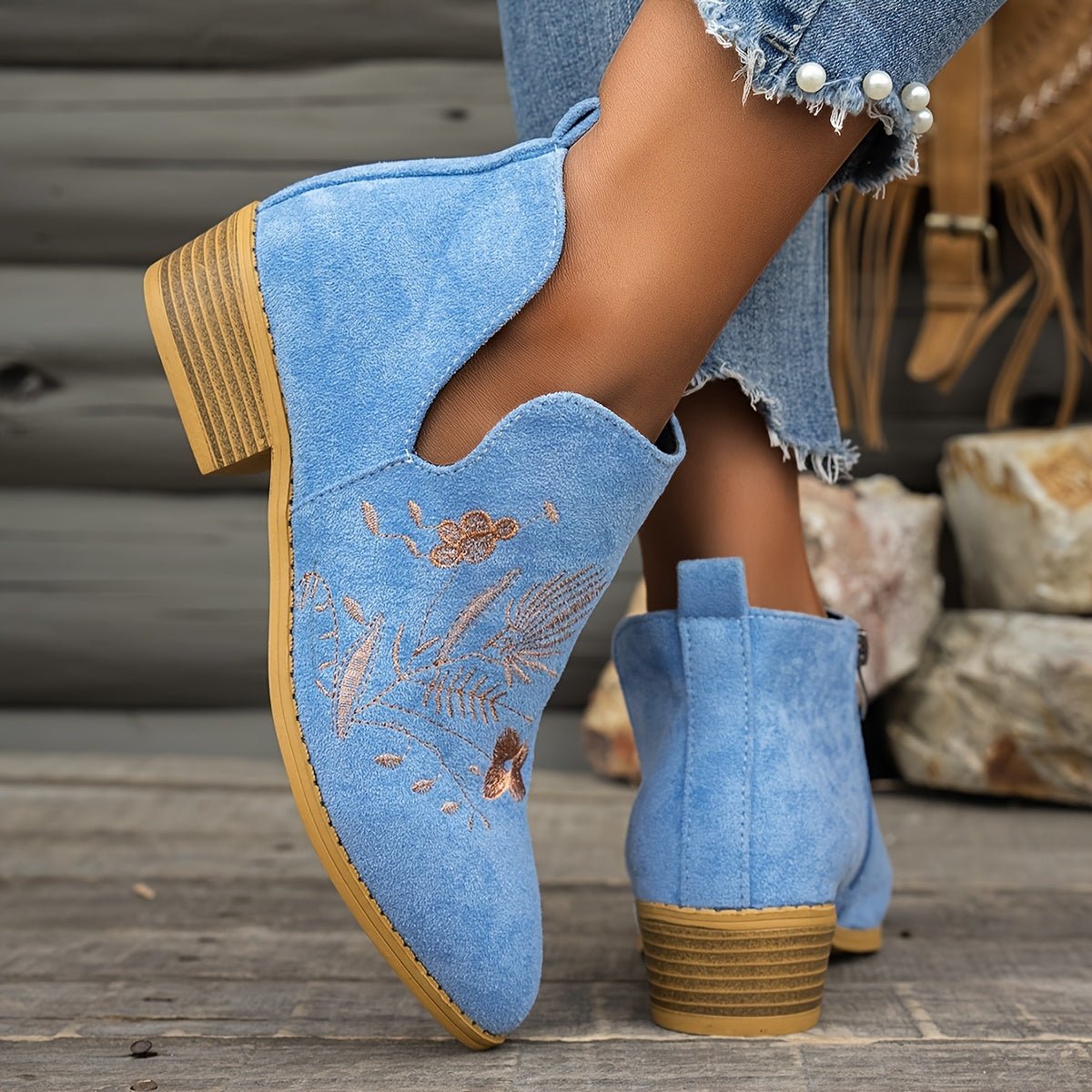Embroidered Low-Heel Ankle Boots for Women - Stylish Casual Footwear - Satinni