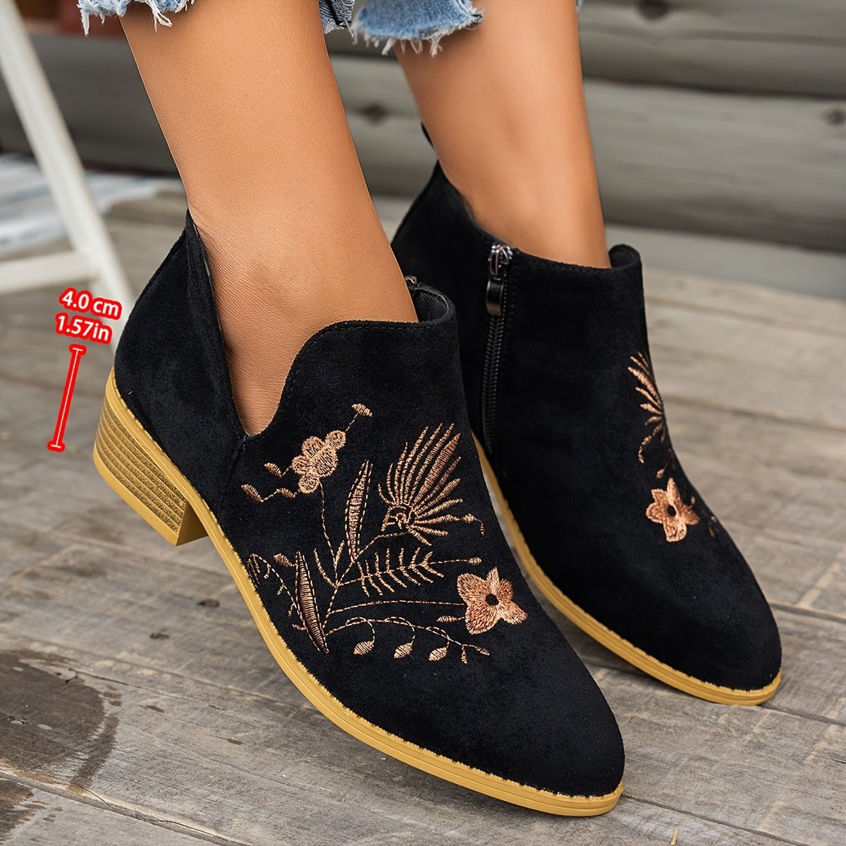 Embroidered Low-Heel Ankle Boots for Women - Stylish Casual Footwear - Satinni