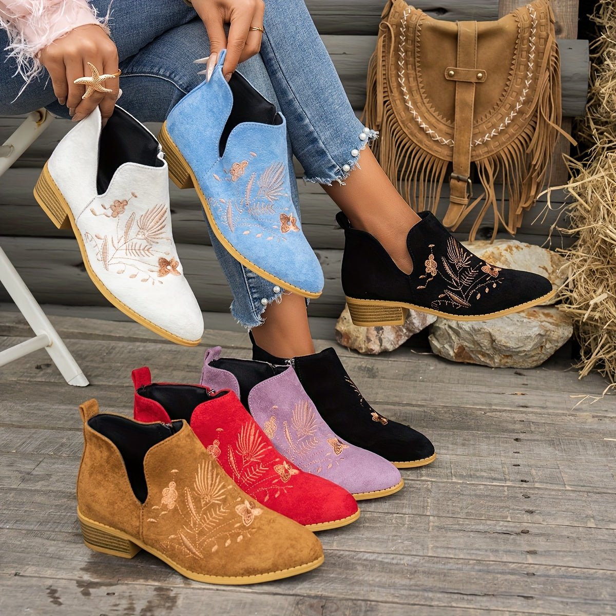 Embroidered Low-Heel Ankle Boots for Women - Stylish Casual Footwear - Satinni