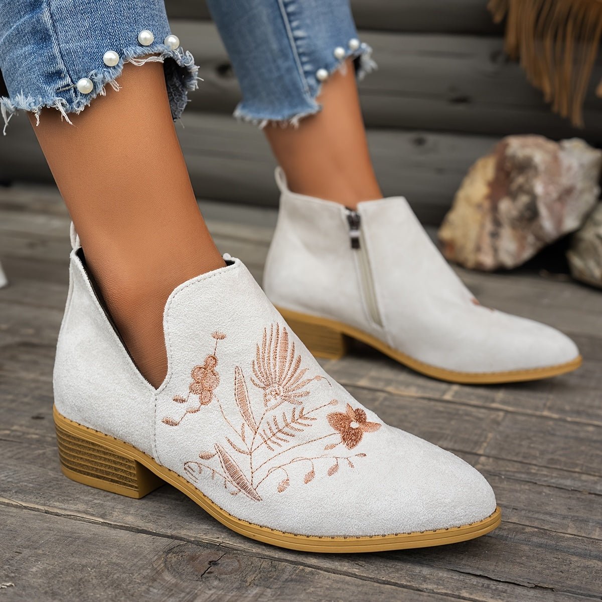 Embroidered Low-Heel Ankle Boots for Women - Stylish Casual Footwear - Satinni