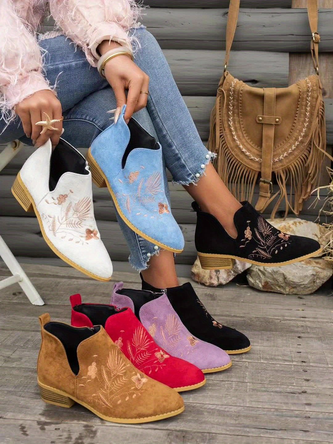 Embroidered Low-Heel Ankle Boots for Women - Stylish Casual Footwear - Satinni