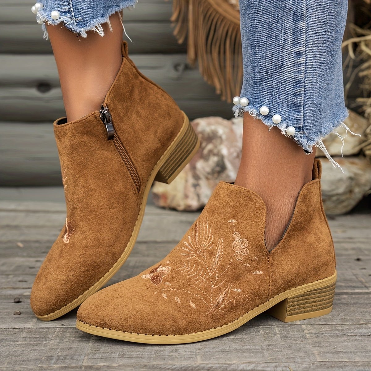Embroidered Low-Heel Ankle Boots for Women - Stylish Casual Footwear - Satinni