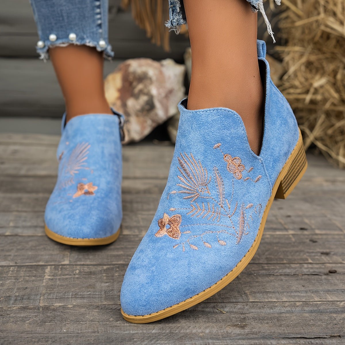Embroidered Low-Heel Ankle Boots for Women - Stylish Casual Footwear - Satinni