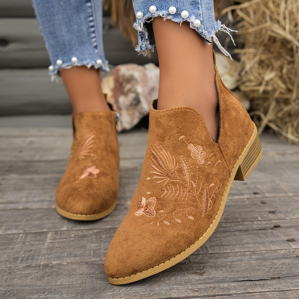 Embroidered Low-Heel Ankle Boots for Women - Stylish Casual Footwear - Satinni
