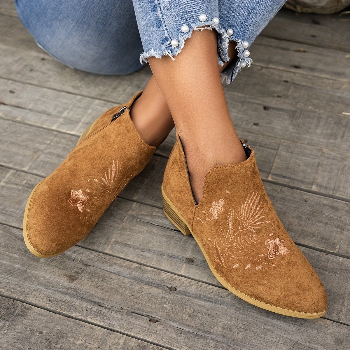 Embroidered Low-Heel Ankle Boots for Women - Stylish Casual Footwear - Satinni
