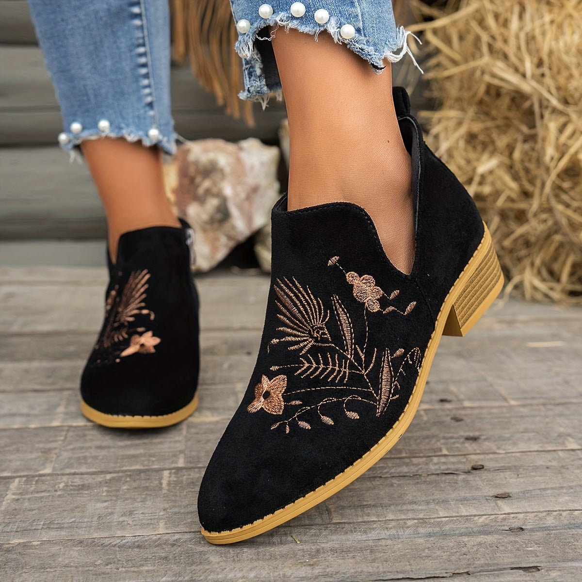 Embroidered Low-Heel Ankle Boots for Women - Stylish Casual Footwear - Satinni