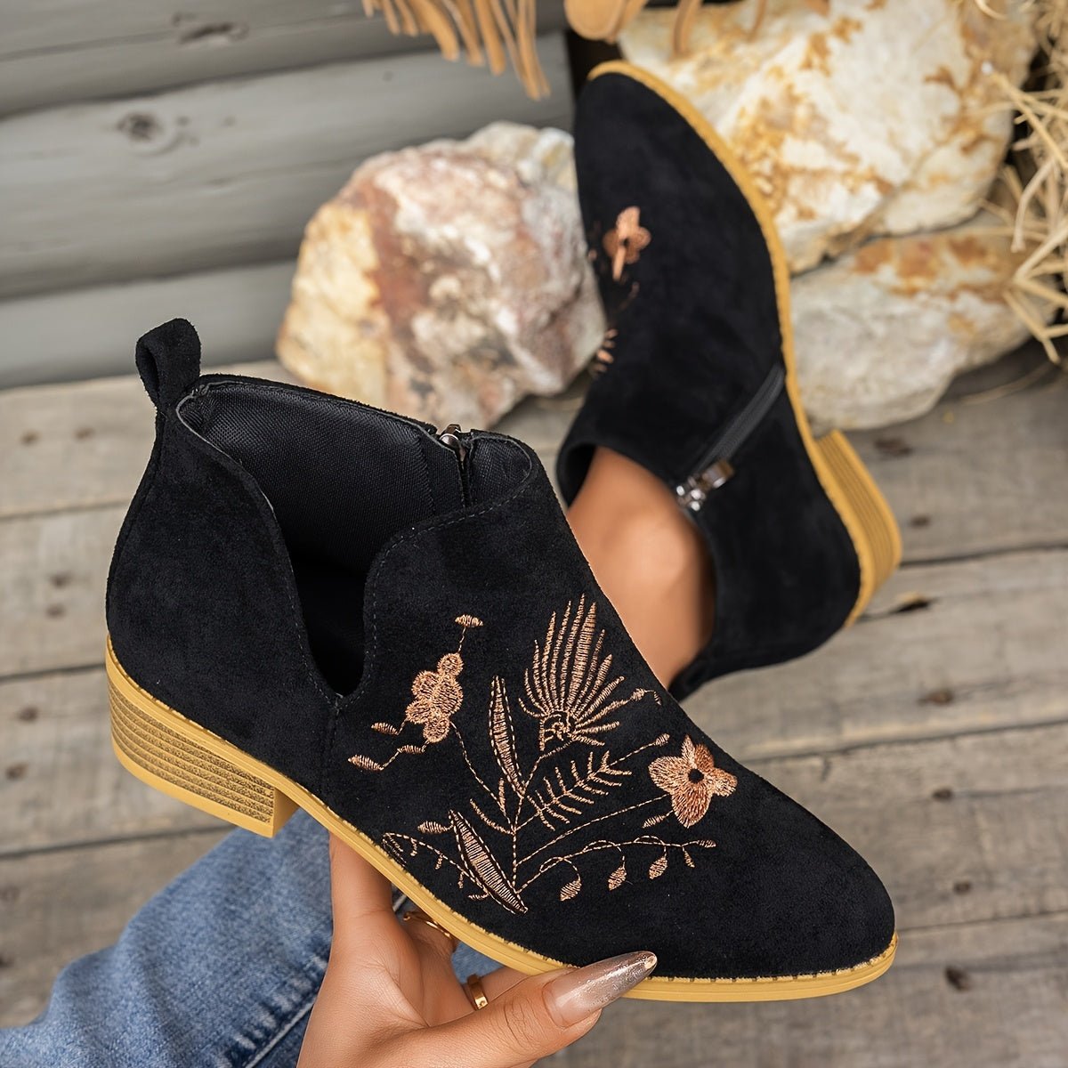 Embroidered Low-Heel Ankle Boots for Women - Stylish Casual Footwear - Satinni
